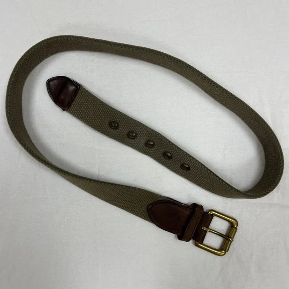 J Crew Woven Webbed Elastic Leather Belt with Square Buckle Made in USA Khaki - Picture 2 of 7